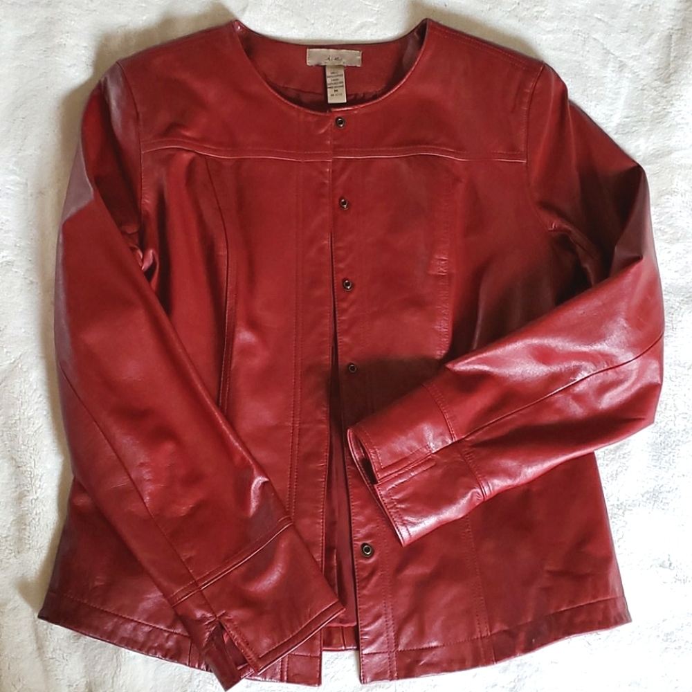 i.e. Deep Red Collarless Leather Jacket